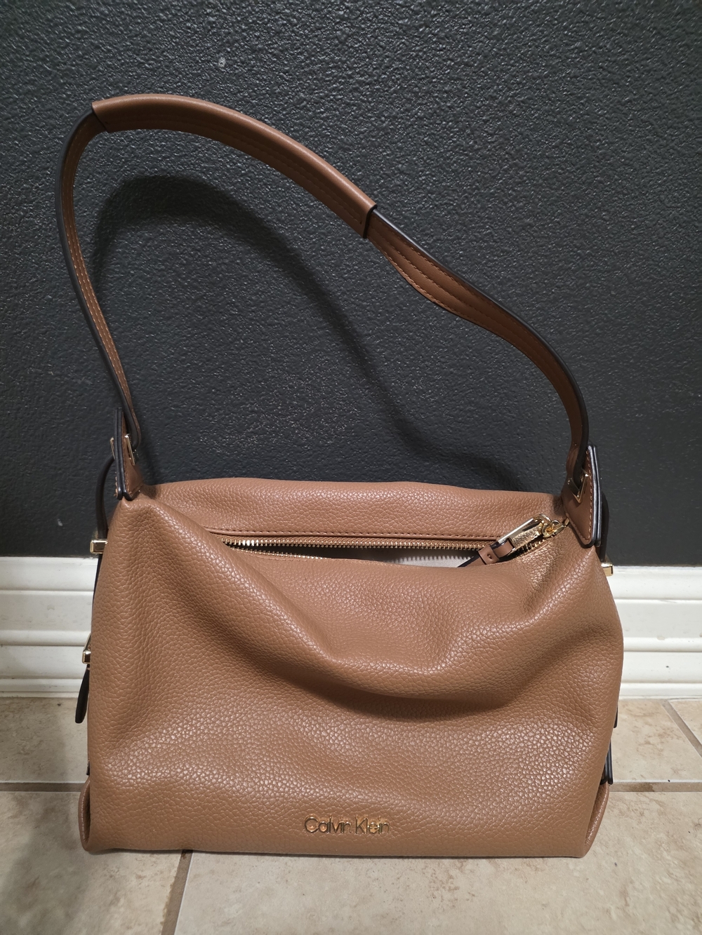 Calvin Klein Cognac Pebbled Leather Shoulder Bag